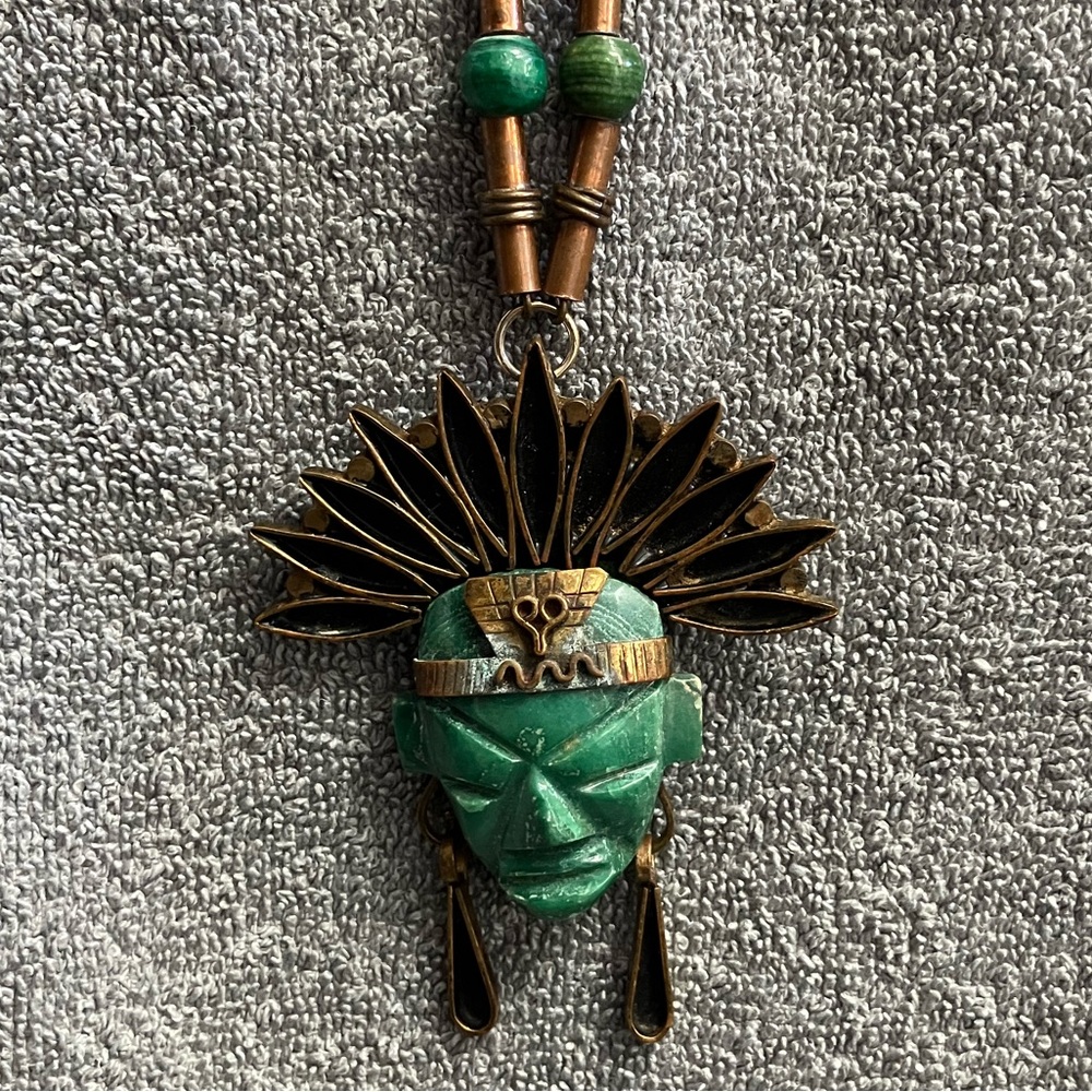 Vintage Copper Bronze Mexican Tribal Pendant Necklace Brooch Jade or Onyx